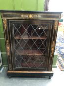 A VICTORIAN INLAID AND EBONIZED ORMOLU MOUNTED DISPLAY CABINET WITH LATER LEADED GLASS DOORS. H 107