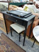A 20th C. EBONISED DRESSING TABLE WITH A THREE FOLD MIRROR AND SINGLE DRAWER EN SUITE WITH A STOOL