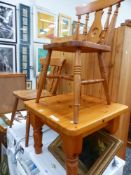 TWO MODERN PINE KITCHEN DINING CHAIRS AND A LOW TABLE.