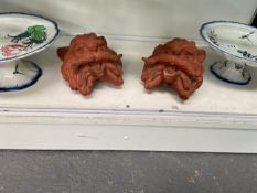 A PAIR OF FRENCH PORCELAIN TAZZAS AND A PAIR OF TERRACOTTA ANIMAL WALL POCKETS
