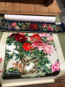 VINTAGE EMBROIDERED MATERIAL PANEL TOGETHER WITH A ORIENTAL EMBROIDERED SCROLL PANEL