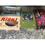 VINTAGE BOARD GAMES TO INCLUDE RISK, SUBBUTEO, RAILROADER AND VARIOUS CORGI TOY CARS.