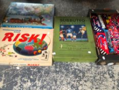 VINTAGE BOARD GAMES TO INCLUDE RISK, SUBBUTEO, RAILROADER AND VARIOUS CORGI TOY CARS.