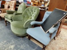 AN ARMCHAIR ON STAINED WOOD CABRIOLE FRONT LEGS, THE GREEN VELVET UPHOLSTERY MATCHED IN A BUTTONED