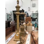 A BASS CANDLE STICK LAMP AND A FURTHER BRASS AND HARDSTONE LAMP.