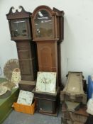 FOUR ANTIQUE TALL CASED CLOCK CASES TOGETHER WITH VARIOUS WORKS AND FIVE VIENNA CLOCKS