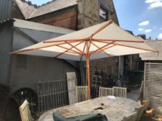 A LARGE WHITE COLONIAL SHADE GARDEN PARASOL 3M SQUARE.