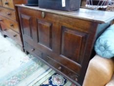 AN 18th C. OAK MULE CHEST, THE THREE PANELLED FRONT OVER TWO DRAWERS AND STILE FEET. W 137 x D 57