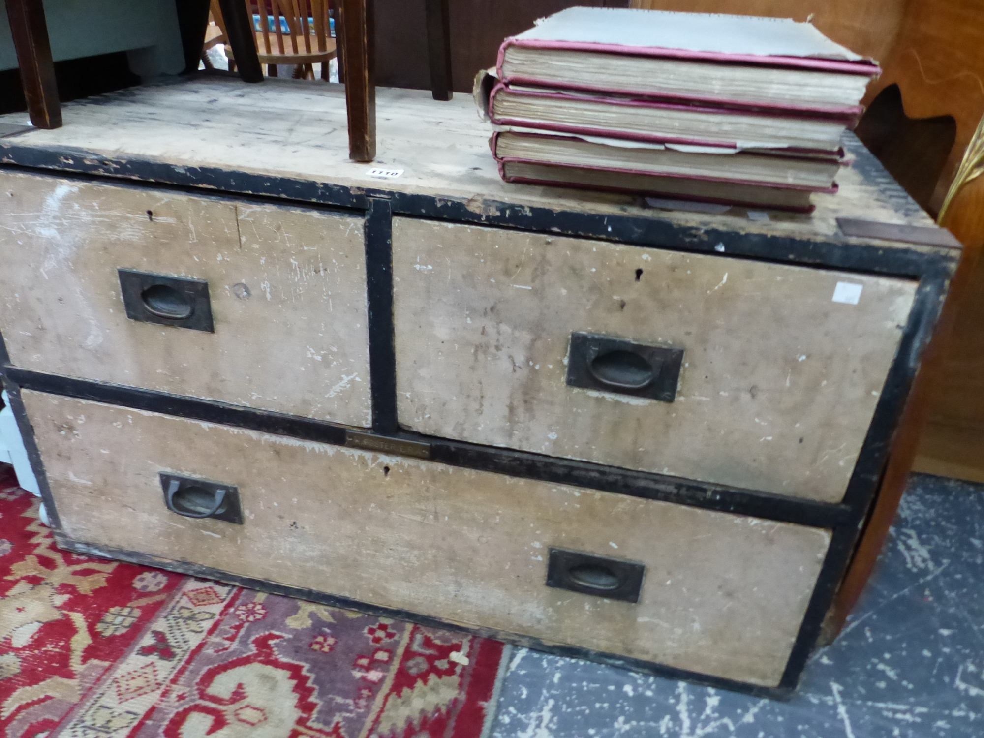 A 19th C. PAINTED CHEST OF TWO SORT AND A LONG DRAWER, EACH WITH BRASS CAMPAIGN HANDLES. W 97 x D 53