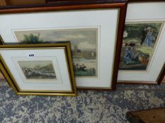 TWO ANTIQUE AND COLOURED PRINTS OF THE HENLEY REGATTA TOGETHER WITH THREE OTHER SMALLER PRINTS (5)