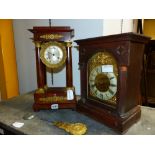 A ORMOLU MOUNTED FRENCH EMPIRE PORTICO MANTEL CLOCK HEIGHT 39 cm's, TOGETHER WITH A LATER MANTEL