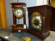 A ORMOLU MOUNTED FRENCH EMPIRE PORTICO MANTEL CLOCK HEIGHT 39 cm's, TOGETHER WITH A LATER MANTEL