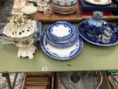 A COLLECTION OF BLUE AND WHITE CHINA WARES, CUTLERY, DELFT, ROYAL WORCESTER ETC.