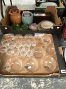 A COLLECTION OF DRINKING GLASSES, GLASS BOWLS, JUGS A POTTERY WASHBOWL AND JUG, A WOODEN BOX ETC.