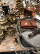 METAL WARES TO INCLUDE A COPPER TEAPOT SILVER PLATED TRAYS, CANDLESTICKS, A BRASS TEA AND COFFEE SET