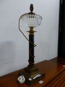 A VINTAGE BRASS AND CUT GLASS CONVERTED OIL LAMP