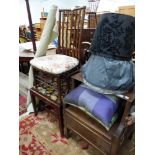 A MAHOGANY COMMODE CABINET, A 19th C. MAHOGANY CHAIR, ANOTHER LATER, A STANDARD LAMP AND A ROLE OF