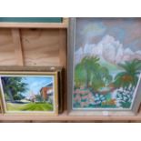 20th CENTURY SCHOOL, A TROPICAL LANDSCAPE OIL ON BOARD, TOGETHER WITH TWO OTHER LANDSCAPES AND TWO