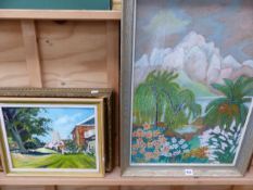 20th CENTURY SCHOOL, A TROPICAL LANDSCAPE OIL ON BOARD, TOGETHER WITH TWO OTHER LANDSCAPES AND TWO