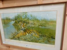 A PENCIL SIGNED LIMITED EDITION COLOUR PRINT AFTER DAVID SHEPHERD, TIGER IN THE SUN 54 x 94 cms