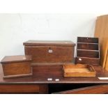 AN ANTIQUE ELM COUNTRY MADE SMALL COFFER TOGETHER WITH OTHER BOXES, TRAYS ETC.