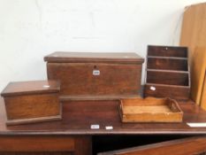 AN ANTIQUE ELM COUNTRY MADE SMALL COFFER TOGETHER WITH OTHER BOXES, TRAYS ETC.