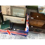 A SKETCH BOOK DATED 1939, CIGARETTE CARDS, A LEDGER BOOK CONTAINING STAMPS, PLAYING CARDS, VINTAGE