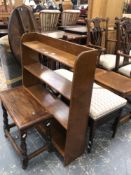 TWO LATE VICTORIAN BEDROOM CHAIRS, TWO STOOLS, A SMALL OPEN BOOKCASE AND A JOINT STOOL