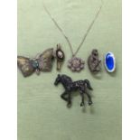 A SILVER AND MICRO MOSAIC PENDANT AND BROOCH, A MARCASITE CHIMPANZEE BROOCH, A BUTTERFLY BROOCH