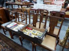 FOUR 1920'S ORIENTAL STYLE LACQUER DINING CHAIRS TOGETHER WITH A SET OF FOUR LATER OAK DINING