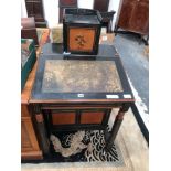 A LATE VICTORIAN EBONISED AND DECORATED DAVENPORT TYPE DESK. H 112 x W 62 x D 60cms