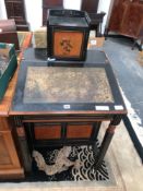 A LATE VICTORIAN EBONISED AND DECORATED DAVENPORT TYPE DESK. H 112 x W 62 x D 60cms