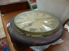 A 19th C. MAHOGANY CASED WALL TIMEPIECE WITH FUSEE MOVEMENT. Dia. 38cms.