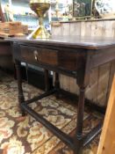 A 18th C. AND LATER OAK ONE DRAWER SIDE TABLE. H 71 W 77 D 49cms