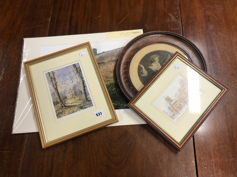 A SMALL GROUP OF DECORATIVE PICTURES INCLUDING AN EDWARDIAN PRINT IN THE 18th STYLE