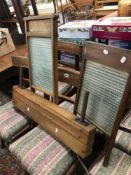 TWO VINTAGE WASHBOARDS AND A LARGE CLAMP PRESS