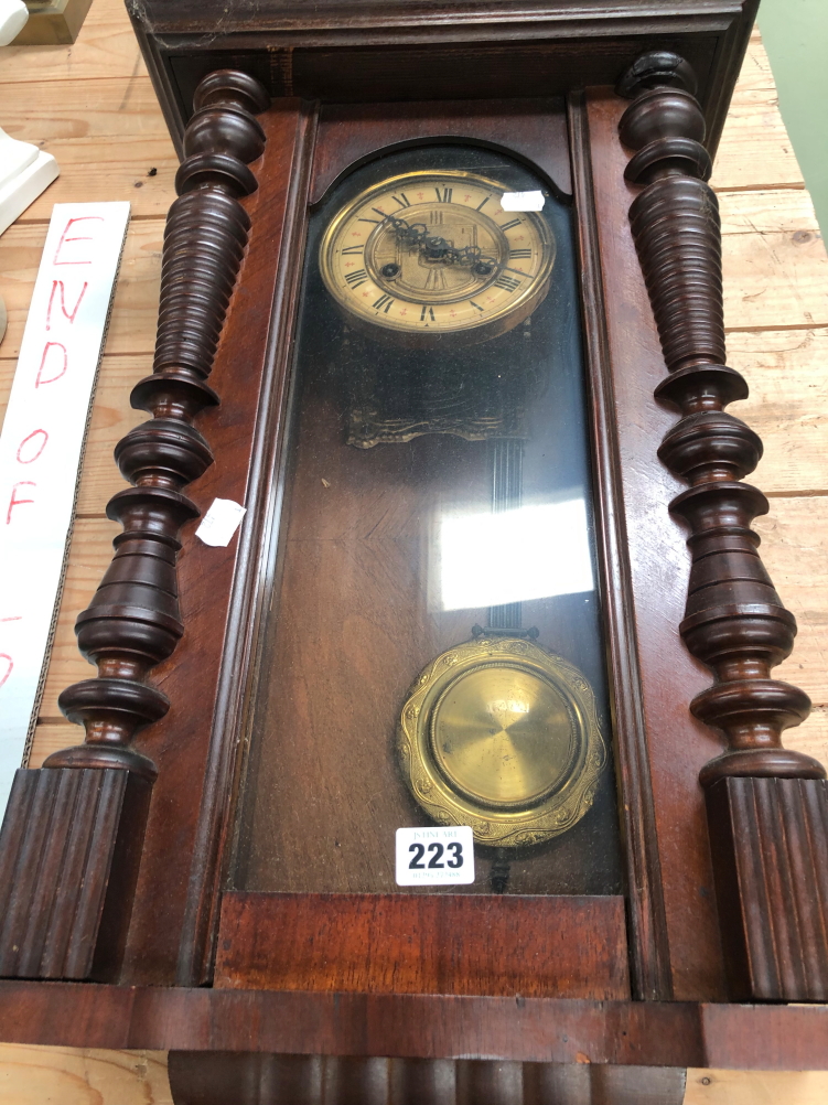 A ANTIQUE MAHOGANY CASED DROP DIAL VIENNA TYPE WALL CLOCK TOGETHER WITH A LATER OAK EXAMPLE AND A - Image 2 of 2