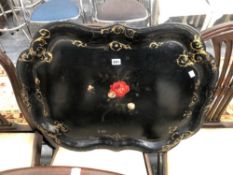 A VICTORIAN PAPIER MACHE FLORAL DECORATED TRAY