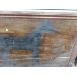 A LARGE PAINTED WOODEN PANEL DEPICTING A BLACK HORSE POSSIBLY FROM PUBLIC HOUSE