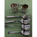 TWO HALLMARKED SILVER CHRISTENING MUGS AND FOUR HALLMARKED SILVER PIECES OF CUTLERY 879grms