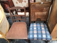 A LATE VICTORIAN MAHOGANY NURSING CHAIR TOGETHER WITH A CANED BACKED SIDE CHAIR