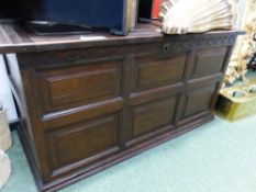 AN ANTIQUE AND LATER OAK PANEL FORMED COFFER H 61 x W 121 x D 54 cm's