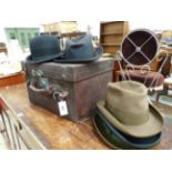 TWO BOWLER HATS AND THREE TRILBYS WITH A LEATHER HAT BOX