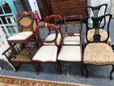 THREE MAHOGANY BALLOON BACKED CHAIRS, TWO PAIRS OF 19th C. CHAIRS TOGETHER WITH A MAHOGANY SHOW