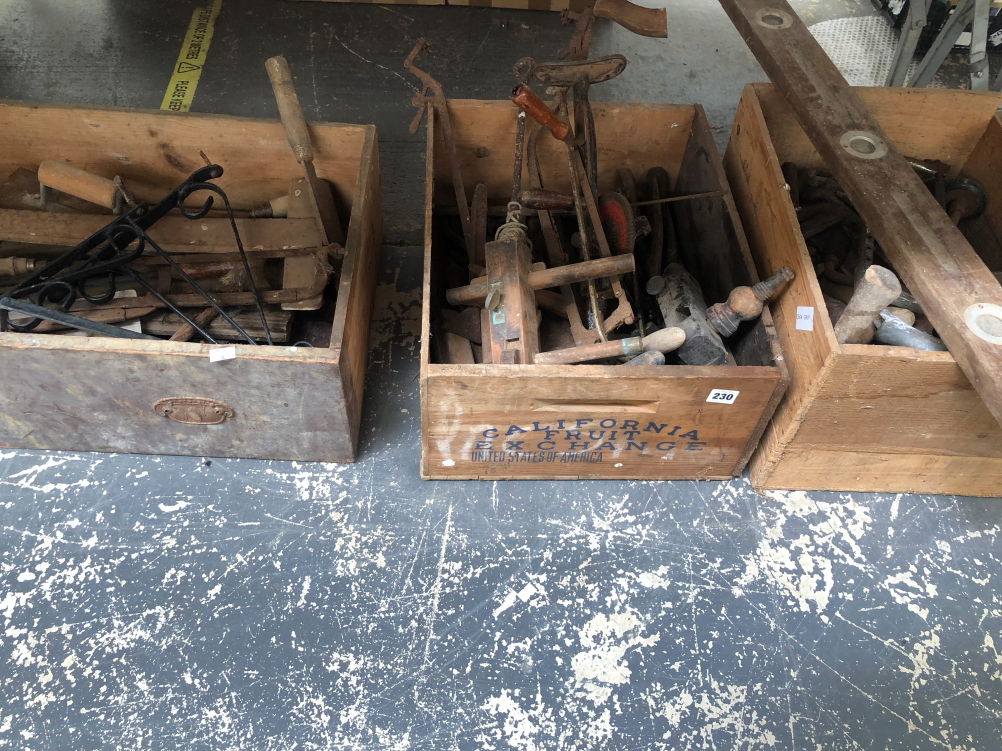 THREE LARGE BOXES OF VARIOUS VINTAGE TOOLS.