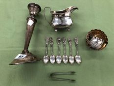 A HALLMARKED SILVER SUGAR AND CREAM BOWL, TONGS A FURTHER SAUCE BOAT A LOADED CANDLESTICK AND