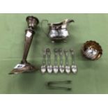 A HALLMARKED SILVER SUGAR AND CREAM BOWL, TONGS A FURTHER SAUCE BOAT A LOADED CANDLESTICK AND