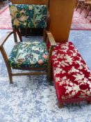 A MAHOGANY DOUBLE FOOTSTOOL TOGETHER WITH A MAHOGANY CHILDS ARM CHAIR WITH UPHOLSTERED BACK AND