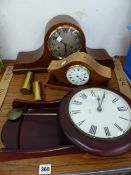 A QUARTZ WALL CLOCK, AN ART DECO MANTLE CLOCK, AND A FURTHER KEY WOUND MANTLE CLOCK, AND TWO CLOCK