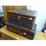 A VICTORIAN MAHOGANY WRITING BOX, TOGETHER WITH A CARVED VICTORIAN BOX.